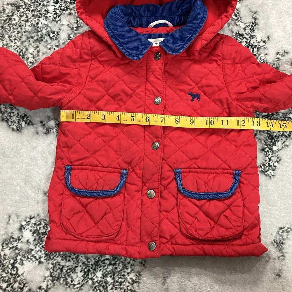 Mini Boden Toddler Red Quilted Hooded Jacket Coat Blue Trim Size 2-3Y